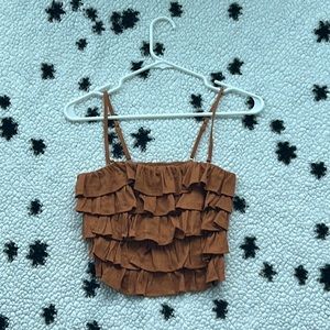 brown miou muse ruffle tube top, removable shoulder straps size S